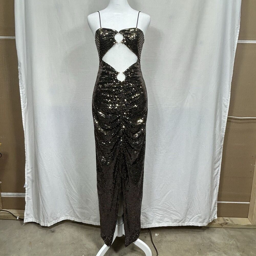 Fashion Nova Virginia Sequin Maxi Dress Gold Front Slit Formal Homecoming Prom M
